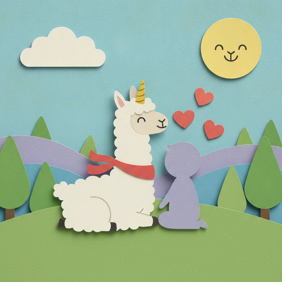 Papercraft daytime scene: the llama sitting with a small child on a grassy hill under a bright paper sun, little hearts drifting up.