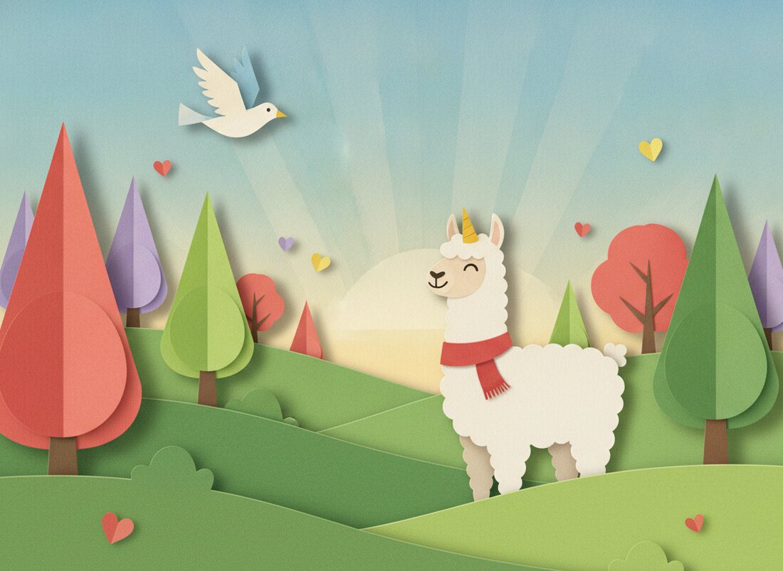 Layered cut-paper scene: the white Whisperly llama with a yellow horn and red scarf in rolling green hills under a soft blue morning sky.