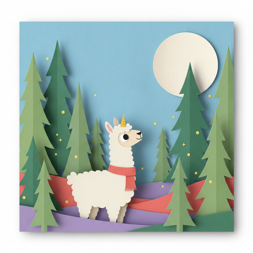 Papercraft dusk forest: the llama among tall paper pines, a big paper moon rising and the first stars.